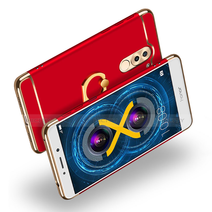 Custodia Lusso Metallo Laterale e Plastica con Anello Supporto A02 per Huawei Honor 6X Pro Rosso