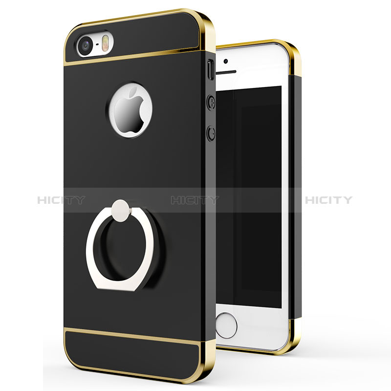 Custodia Lusso Metallo Laterale e Plastica con Anello Supporto per Apple iPhone 5 Nero