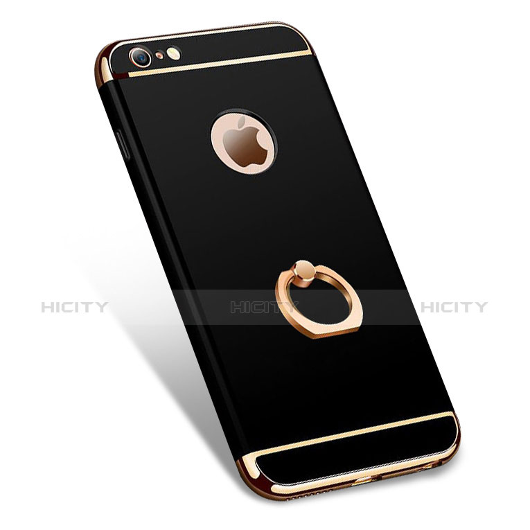 Custodia Lusso Metallo Laterale e Plastica con Anello Supporto per Apple iPhone 6 Plus Nero
