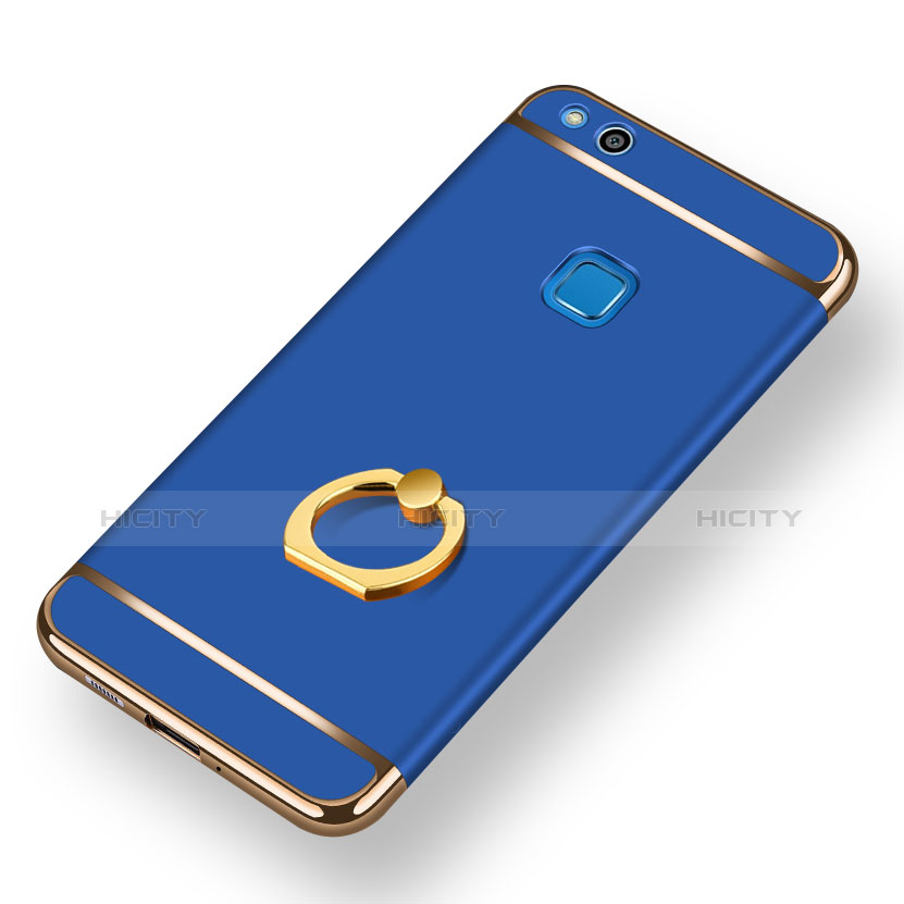 Custodia Lusso Metallo Laterale e Plastica con Anello Supporto per Huawei Honor 8 Lite Blu