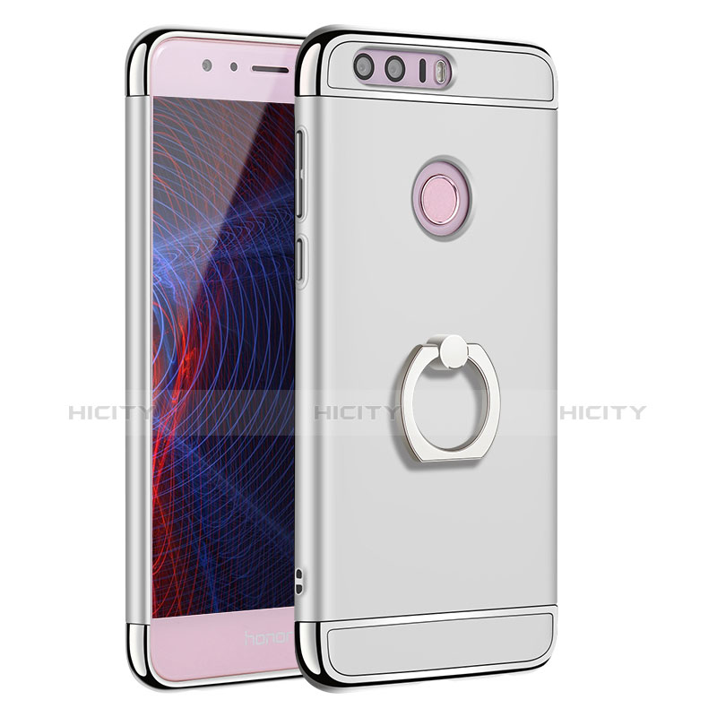 Custodia Lusso Metallo Laterale e Plastica Cover con Anello Supporto A01 per Huawei Honor 8 Argento