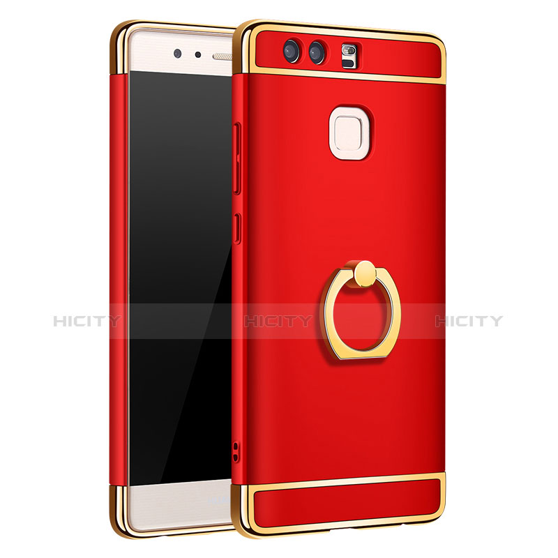 Custodia Lusso Metallo Laterale e Plastica Cover con Anello Supporto A01 per Huawei P9 Plus Rosso