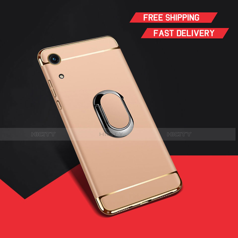 Custodia Lusso Metallo Laterale e Plastica Cover con Anello Supporto A01 per Huawei Y6 Pro (2019) Oro