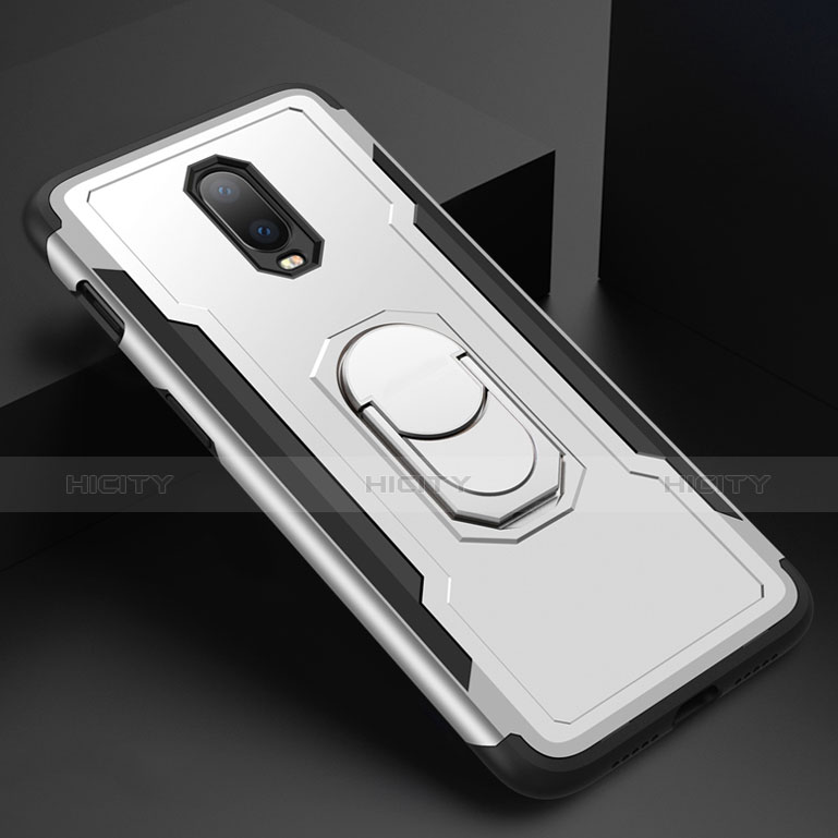 Custodia Lusso Metallo Laterale e Plastica Cover con Anello Supporto A01 per OnePlus 6T Argento