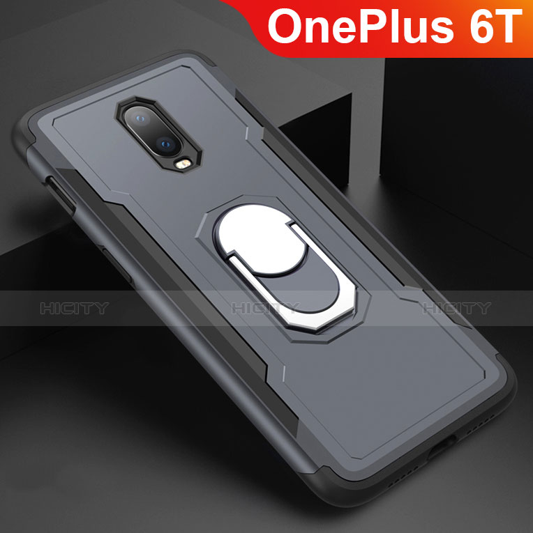 Custodia Lusso Metallo Laterale e Plastica Cover con Anello Supporto A01 per OnePlus 6T Grigio