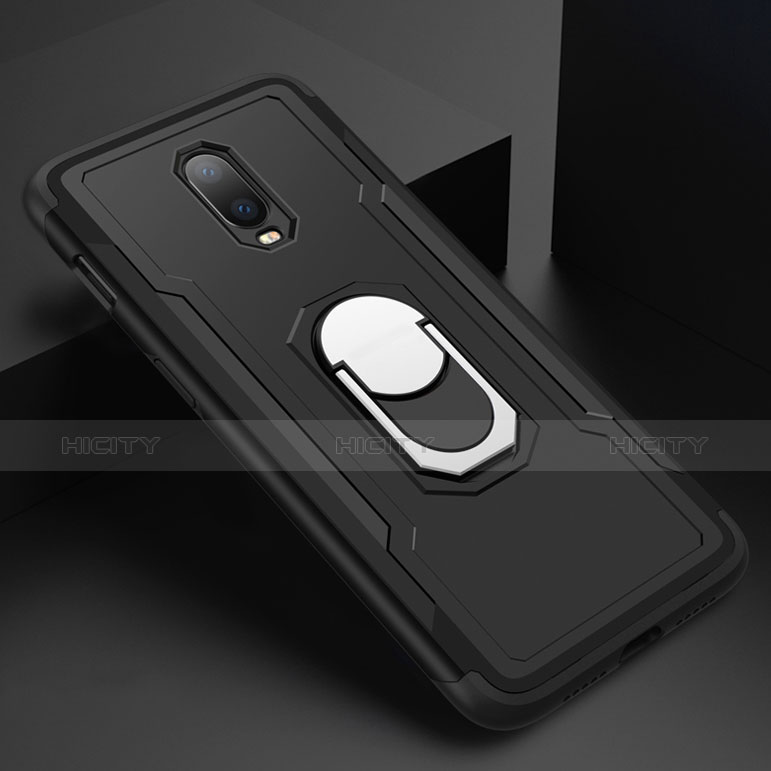 Custodia Lusso Metallo Laterale e Plastica Cover con Anello Supporto A01 per OnePlus 6T Nero