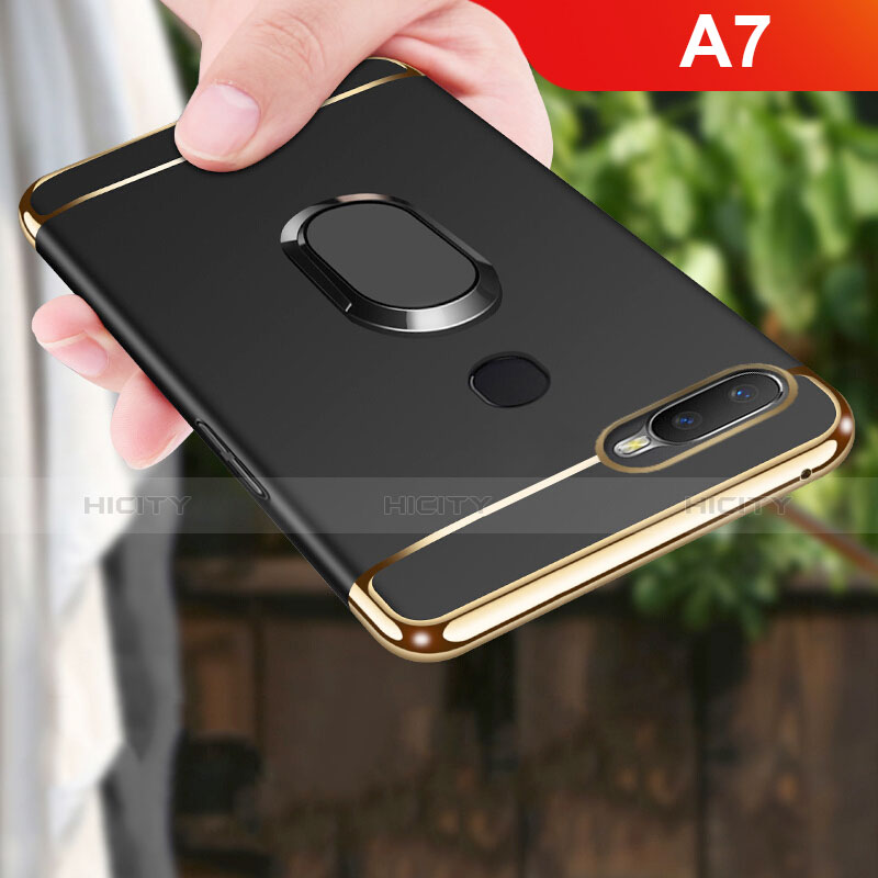 Custodia Lusso Metallo Laterale e Plastica Cover con Anello Supporto A01 per Oppo A7 Nero