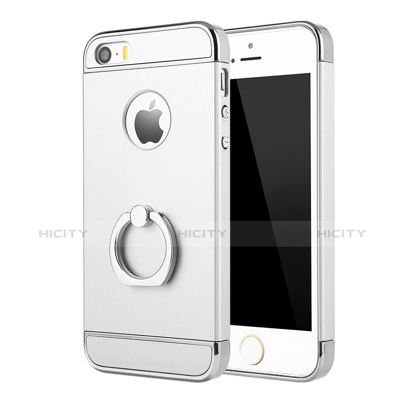 Custodia Lusso Metallo Laterale e Plastica Cover con Anello Supporto A02 per Apple iPhone 5 Argento