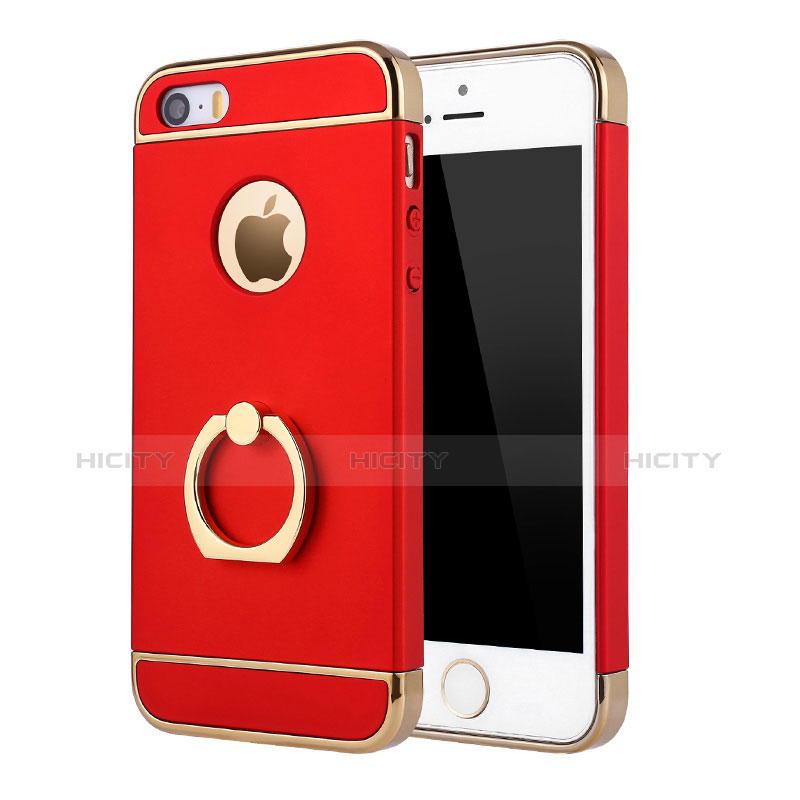 Custodia Lusso Metallo Laterale e Plastica Cover con Anello Supporto A02 per Apple iPhone 5 Rosso
