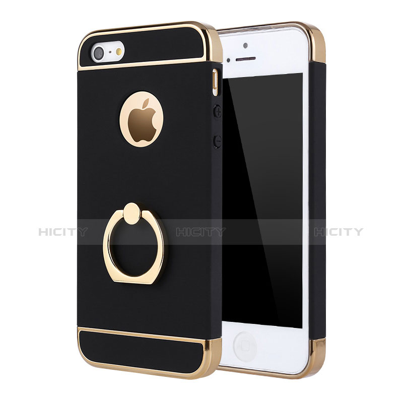 Custodia Lusso Metallo Laterale e Plastica Cover con Anello Supporto A02 per Apple iPhone 5S Nero
