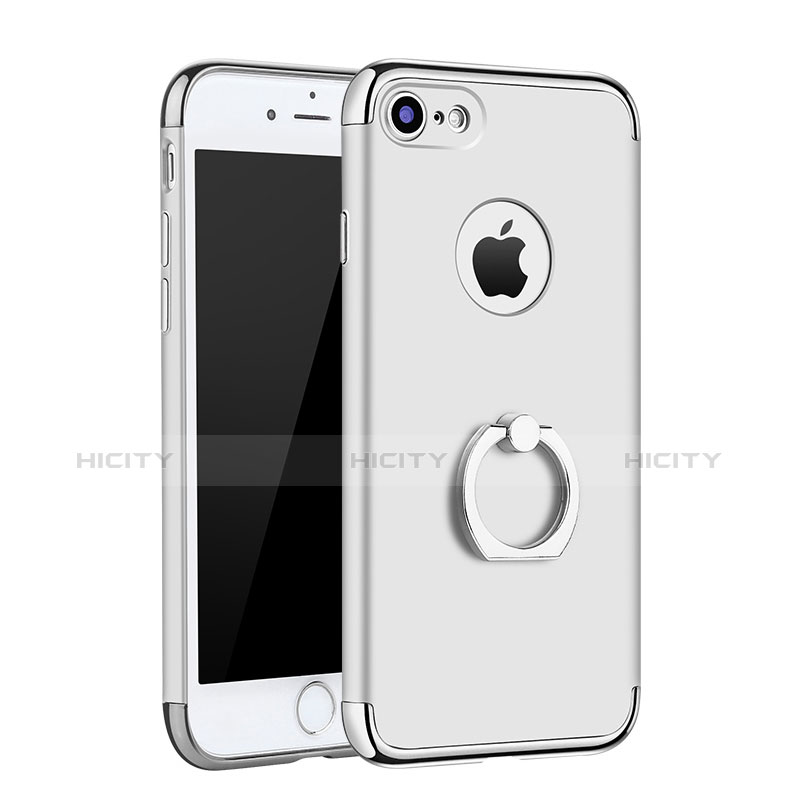 Custodia Lusso Metallo Laterale e Plastica Cover con Anello Supporto A02 per Apple iPhone 7 Argento