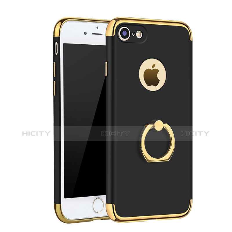 Custodia Lusso Metallo Laterale e Plastica Cover con Anello Supporto A02 per Apple iPhone 7 Nero