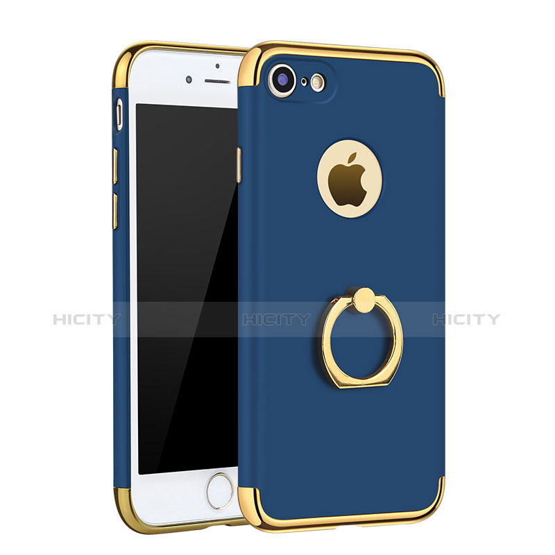 Custodia Lusso Metallo Laterale e Plastica Cover con Anello Supporto A02 per Apple iPhone 8 Blu