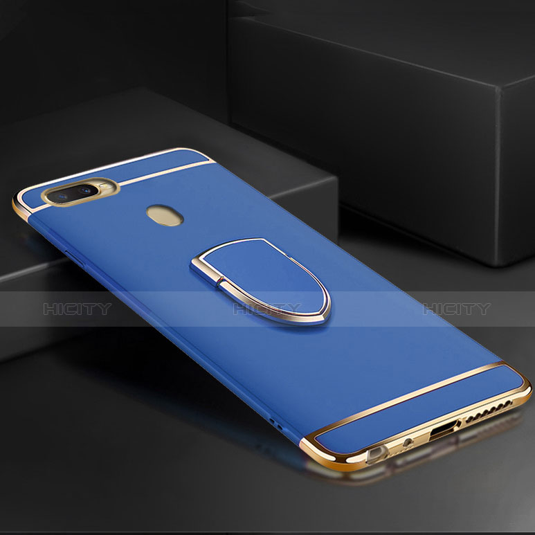 Custodia Lusso Metallo Laterale e Plastica Cover con Anello Supporto A02 per Oppo A7 Blu