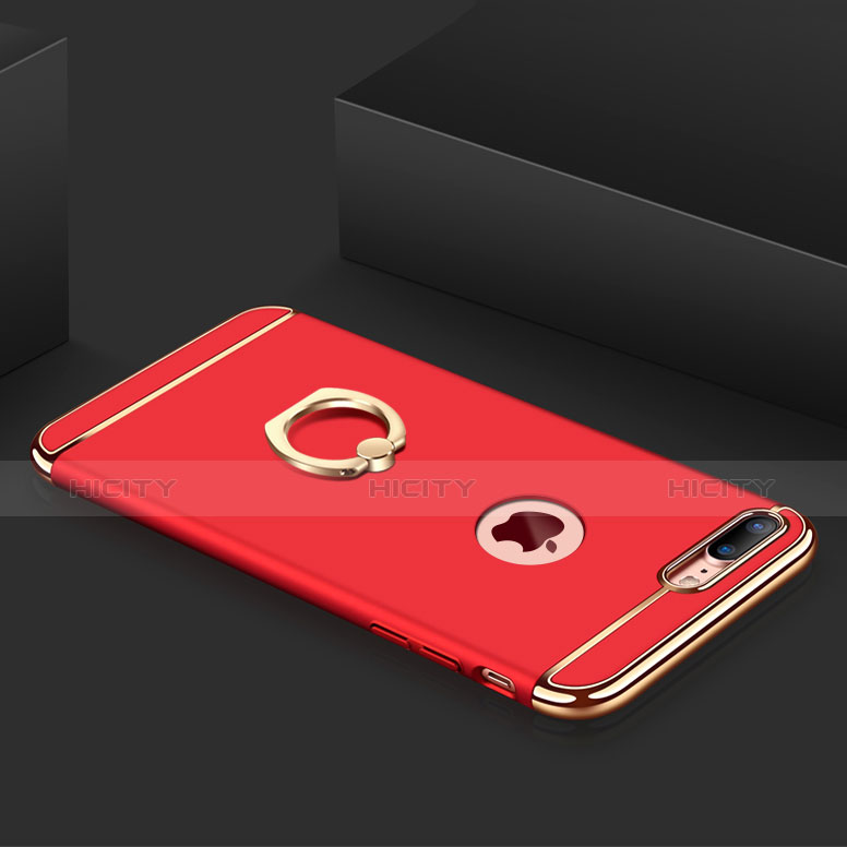 Custodia Lusso Metallo Laterale e Plastica Cover con Anello Supporto e Cordoncino A01 per Apple iPhone 7 Plus Rosso