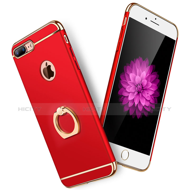 Custodia Lusso Metallo Laterale e Plastica Cover con Anello Supporto e Cordoncino A01 per Apple iPhone 8 Plus Rosso