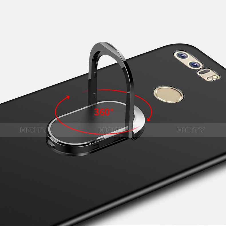 Custodia Lusso Metallo Laterale e Plastica Cover con Anello Supporto e Cordoncino A01 per Huawei Honor 8 Nero