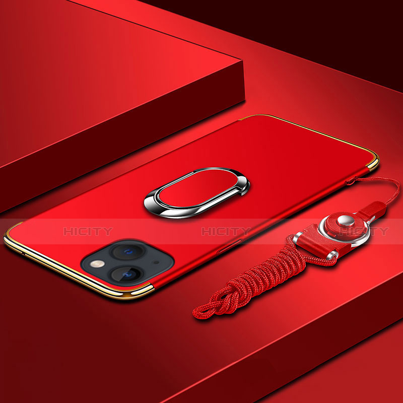 Custodia Lusso Metallo Laterale e Plastica Cover con Anello Supporto e Cordoncino per Apple iPhone 13 Rosso