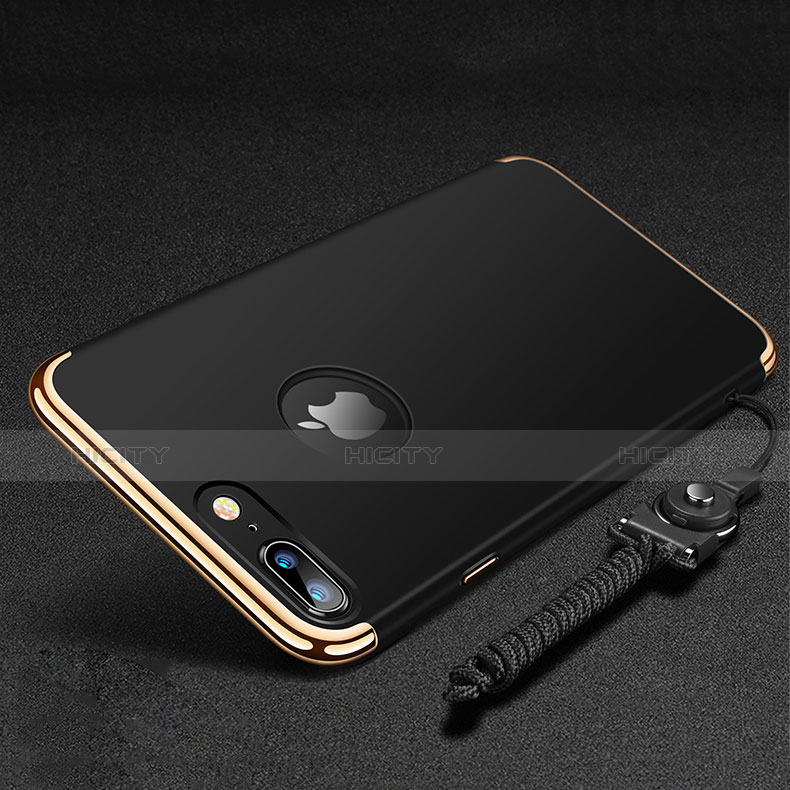 Custodia Lusso Metallo Laterale e Plastica Cover con Anello Supporto e Cordoncino per Apple iPhone 7 Plus Nero