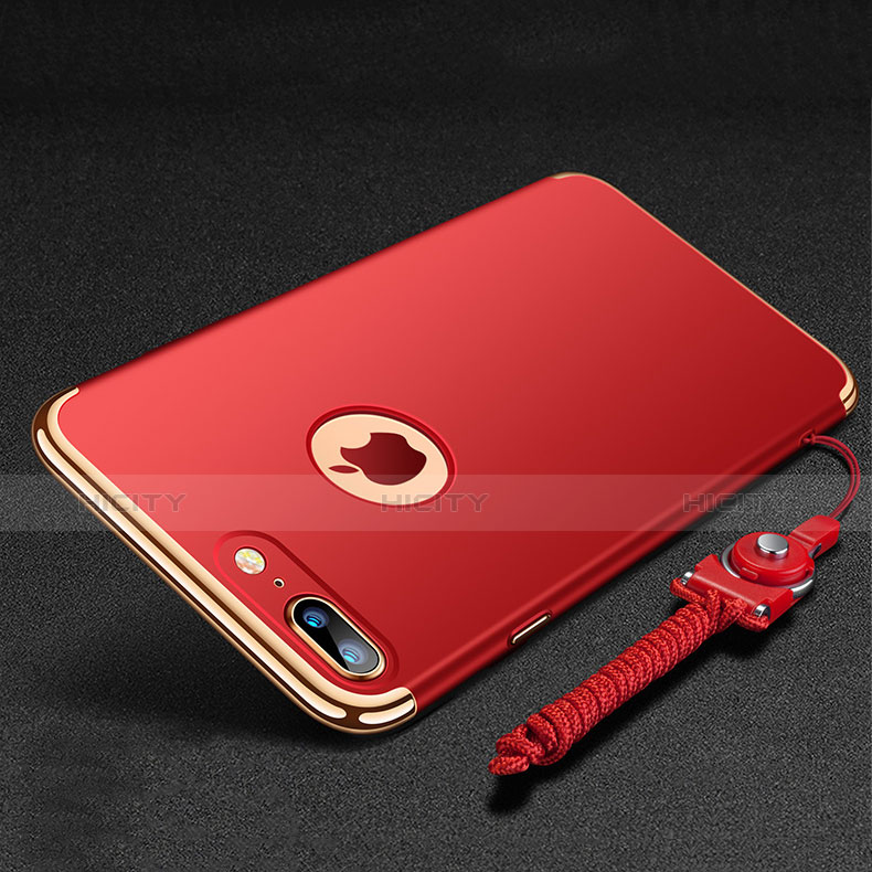 Custodia Lusso Metallo Laterale e Plastica Cover con Anello Supporto e Cordoncino per Apple iPhone 8 Plus Rosso
