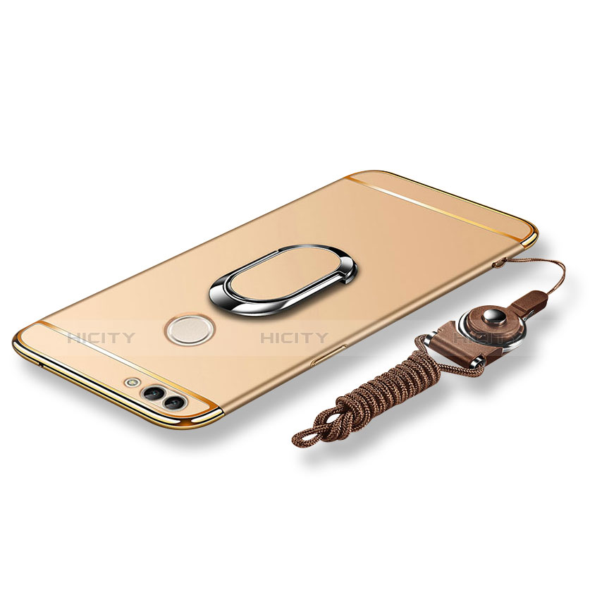 Custodia Lusso Metallo Laterale e Plastica Cover con Anello Supporto e Cordoncino per Huawei Enjoy 7S Oro