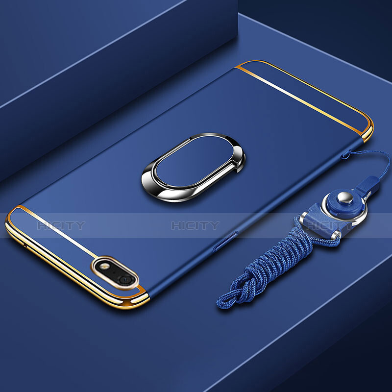 Custodia Lusso Metallo Laterale e Plastica Cover con Anello Supporto e Cordoncino per Huawei Enjoy 8e Lite Blu