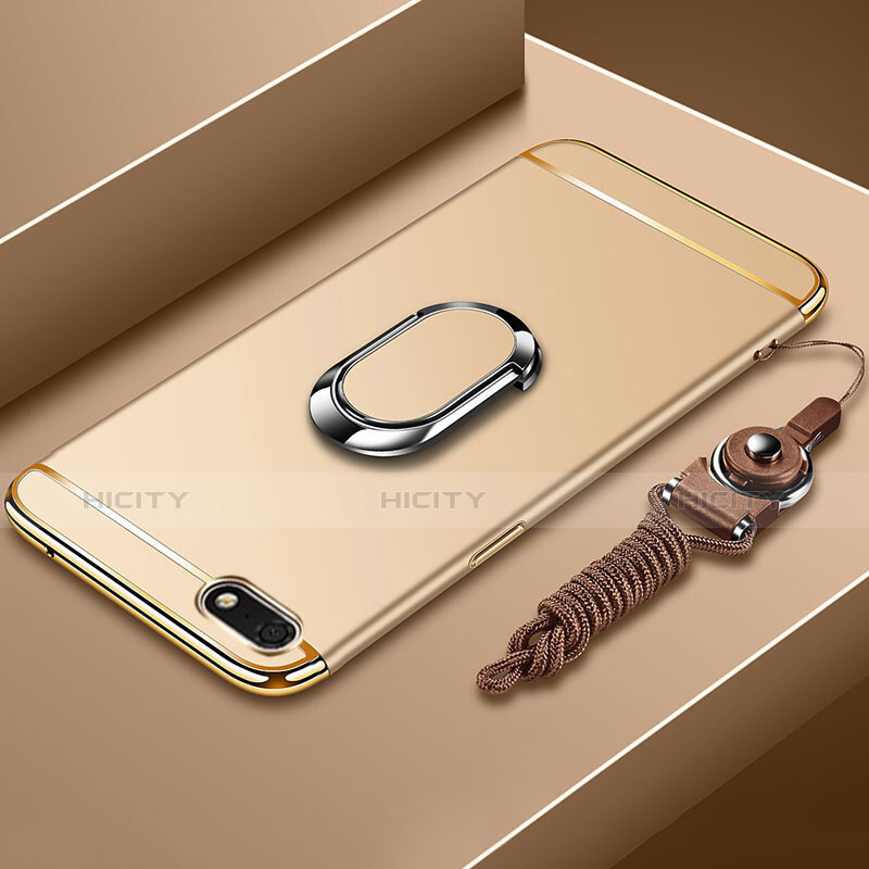 Custodia Lusso Metallo Laterale e Plastica Cover con Anello Supporto e Cordoncino per Huawei Enjoy 8e Lite Oro