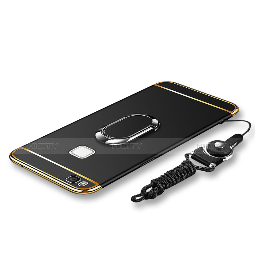 Custodia Lusso Metallo Laterale e Plastica Cover con Anello Supporto e Cordoncino per Huawei G9 Lite Nero