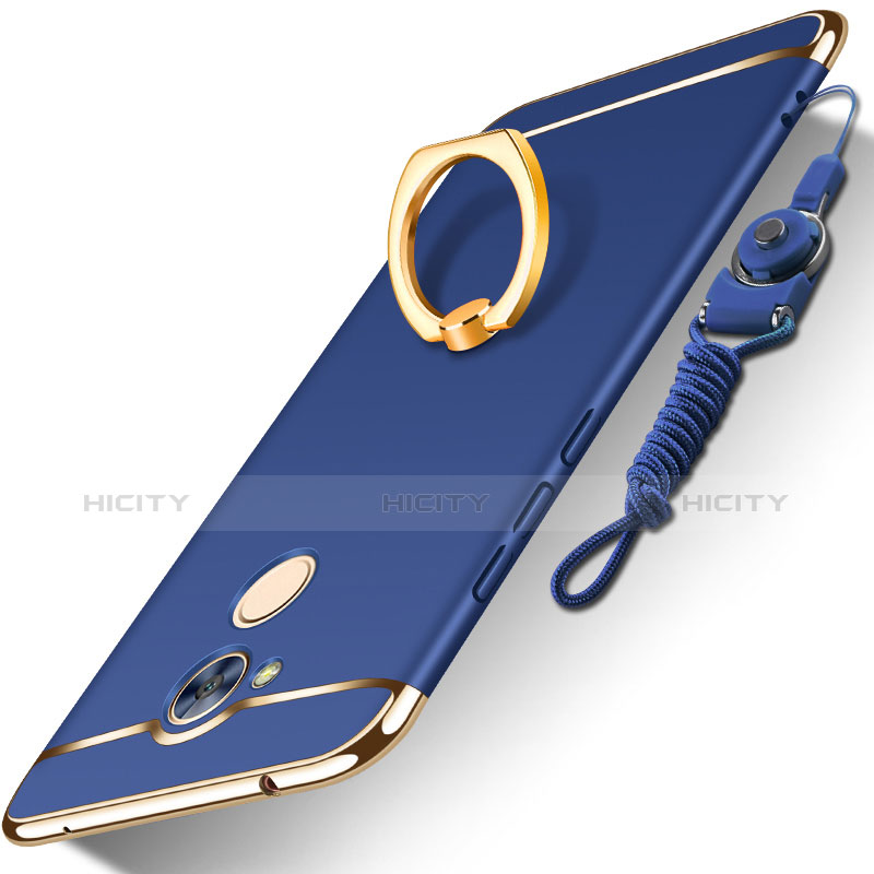 Custodia Lusso Metallo Laterale e Plastica Cover con Anello Supporto e Cordoncino per Huawei Honor 6A Blu