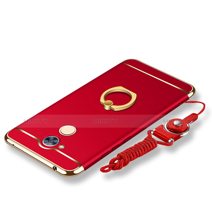 Custodia Lusso Metallo Laterale e Plastica Cover con Anello Supporto e Cordoncino per Huawei Honor 6A Rosso