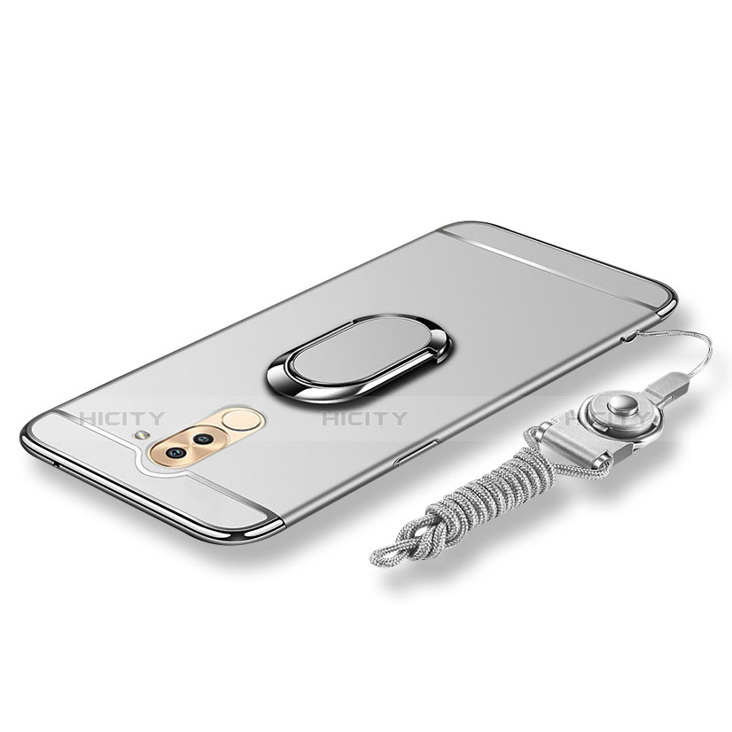 Custodia Lusso Metallo Laterale e Plastica Cover con Anello Supporto e Cordoncino per Huawei Honor 6X Argento