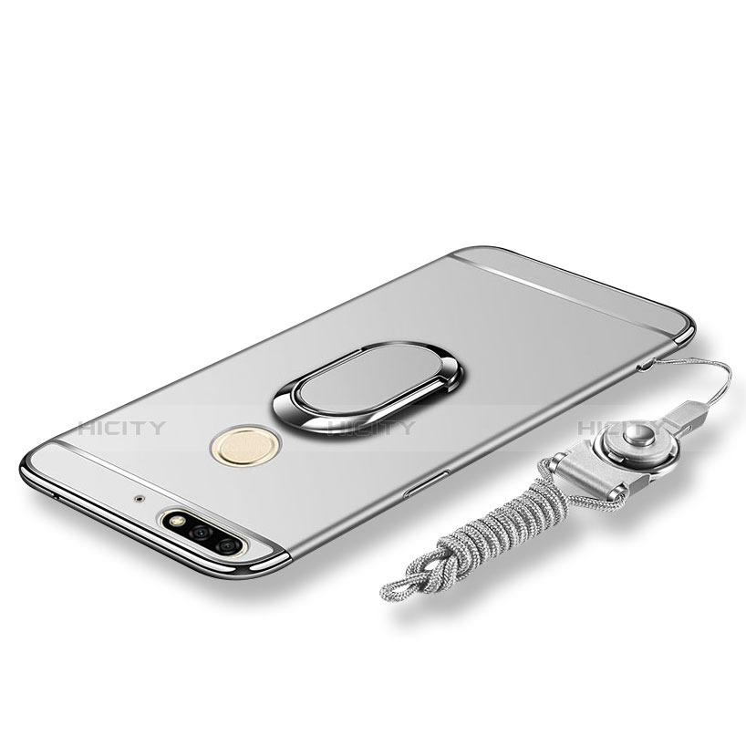 Custodia Lusso Metallo Laterale e Plastica Cover con Anello Supporto e Cordoncino per Huawei Honor 7C Argento