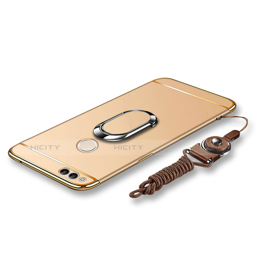 Custodia Lusso Metallo Laterale e Plastica Cover con Anello Supporto e Cordoncino per Huawei Honor 7X Oro