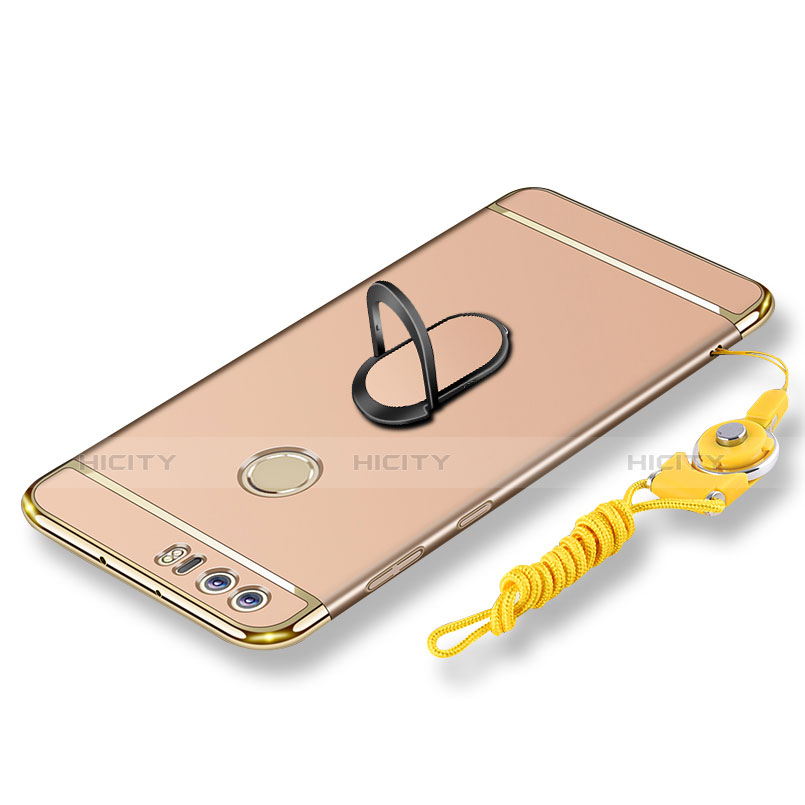 Custodia Lusso Metallo Laterale e Plastica Cover con Anello Supporto e Cordoncino per Huawei Honor 8 Oro