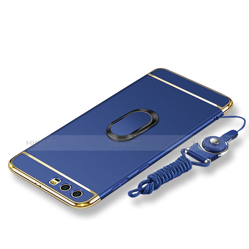 Custodia Lusso Metallo Laterale e Plastica Cover con Anello Supporto e Cordoncino per Huawei Honor 9 Blu