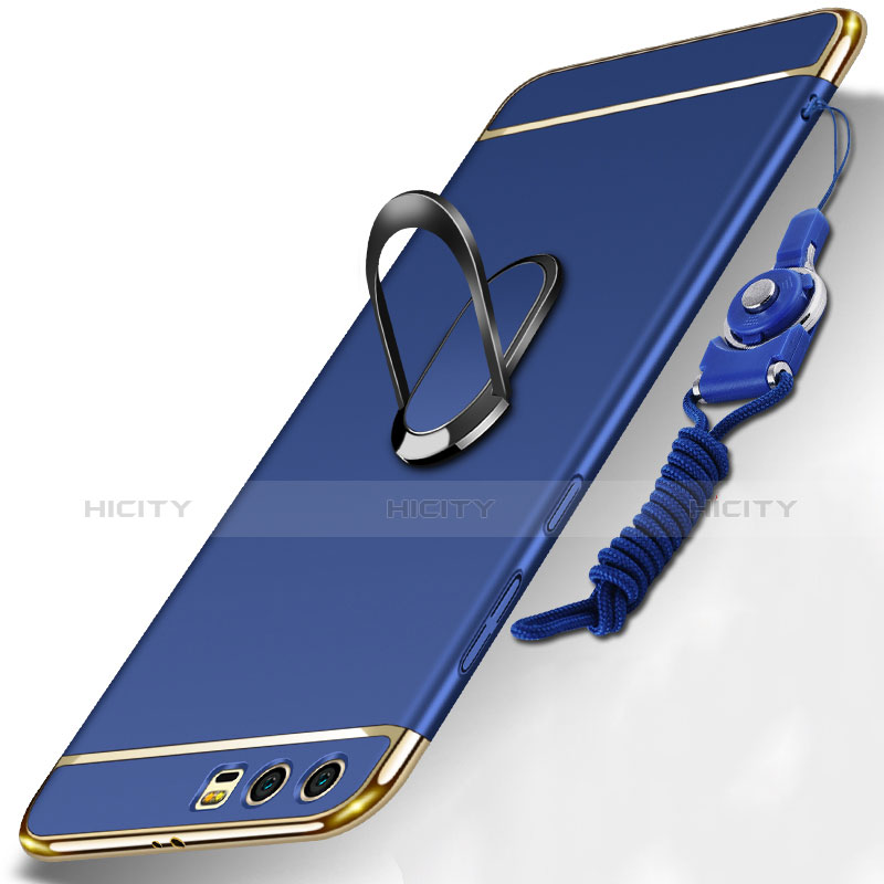 Custodia Lusso Metallo Laterale e Plastica Cover con Anello Supporto e Cordoncino per Huawei Honor 9 Premium Blu