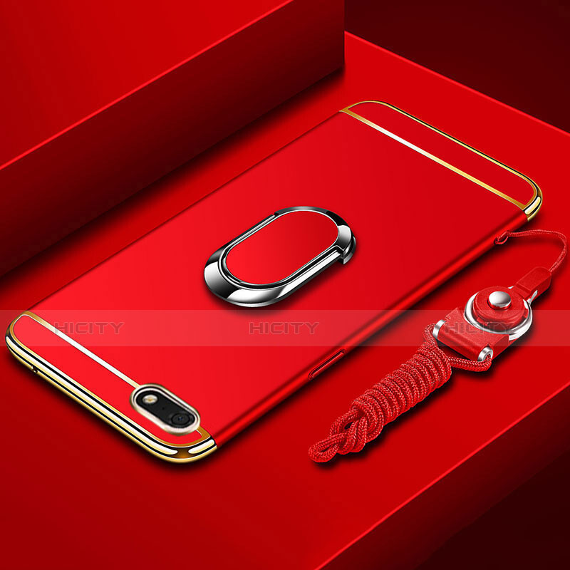 Custodia Lusso Metallo Laterale e Plastica Cover con Anello Supporto e Cordoncino per Huawei Honor Play 7 Rosso