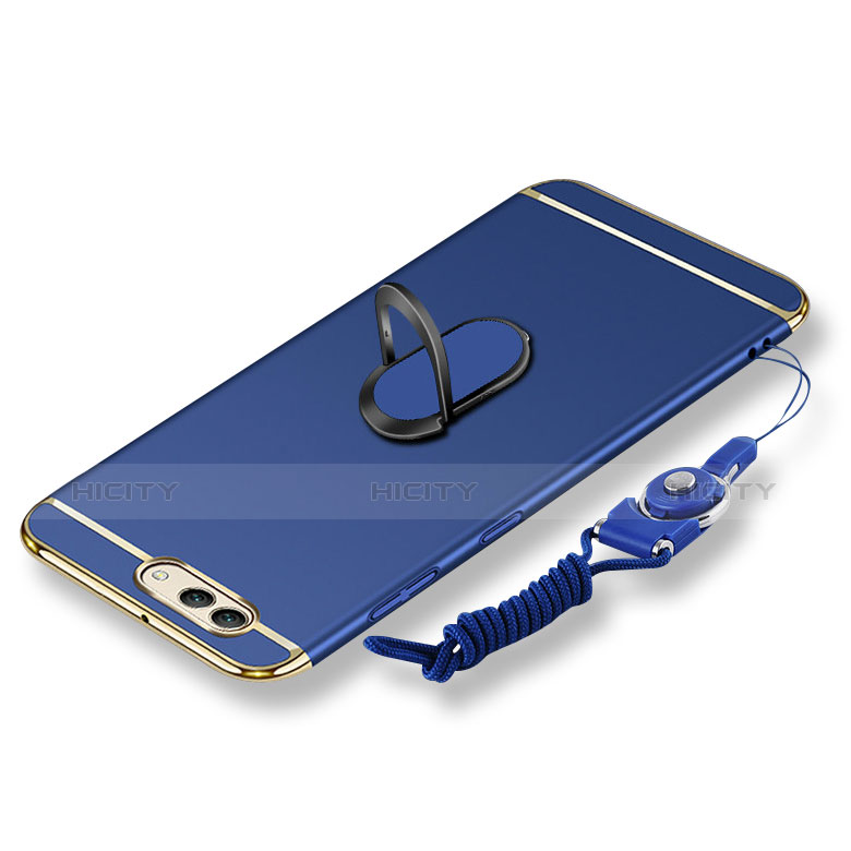 Custodia Lusso Metallo Laterale e Plastica Cover con Anello Supporto e Cordoncino per Huawei Nova 2S Blu