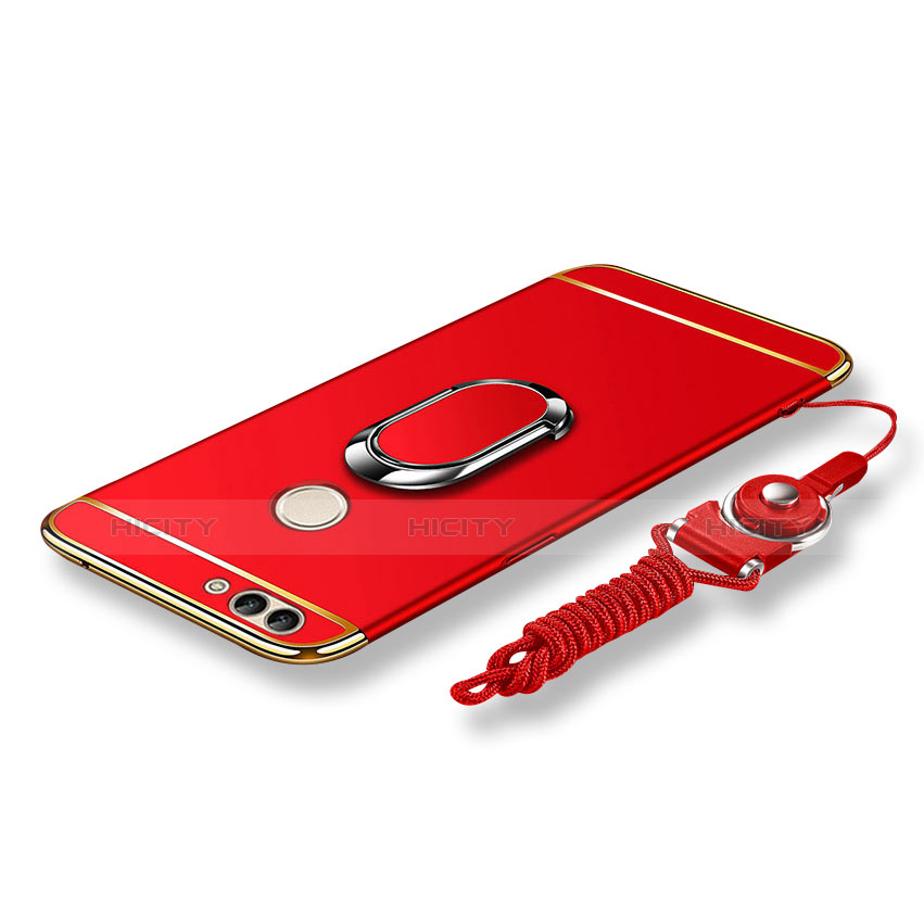 Custodia Lusso Metallo Laterale e Plastica Cover con Anello Supporto e Cordoncino per Huawei P Smart Rosso
