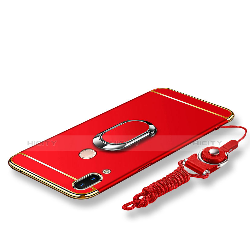 Custodia Lusso Metallo Laterale e Plastica Cover con Anello Supporto e Cordoncino per Huawei P20 Lite Rosso