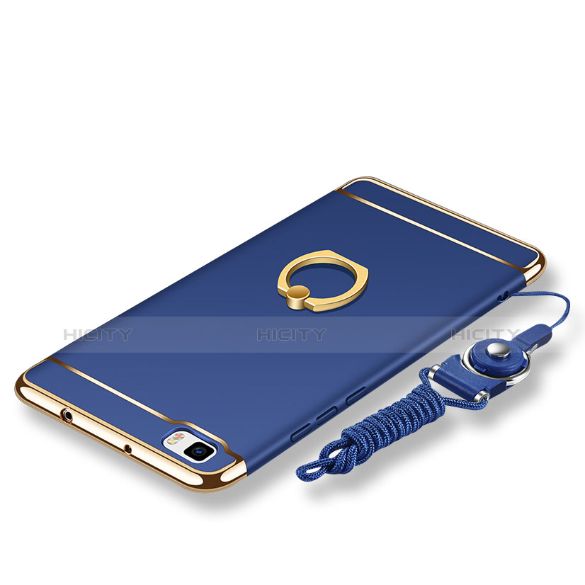 Custodia Lusso Metallo Laterale e Plastica Cover con Anello Supporto e Cordoncino per Huawei P8 Lite Blu