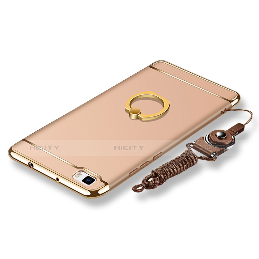Custodia Lusso Metallo Laterale e Plastica Cover con Anello Supporto e Cordoncino per Huawei P8 Lite Oro