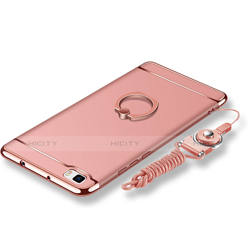 Custodia Lusso Metallo Laterale e Plastica Cover con Anello Supporto e Cordoncino per Huawei P8 Lite Oro Rosa