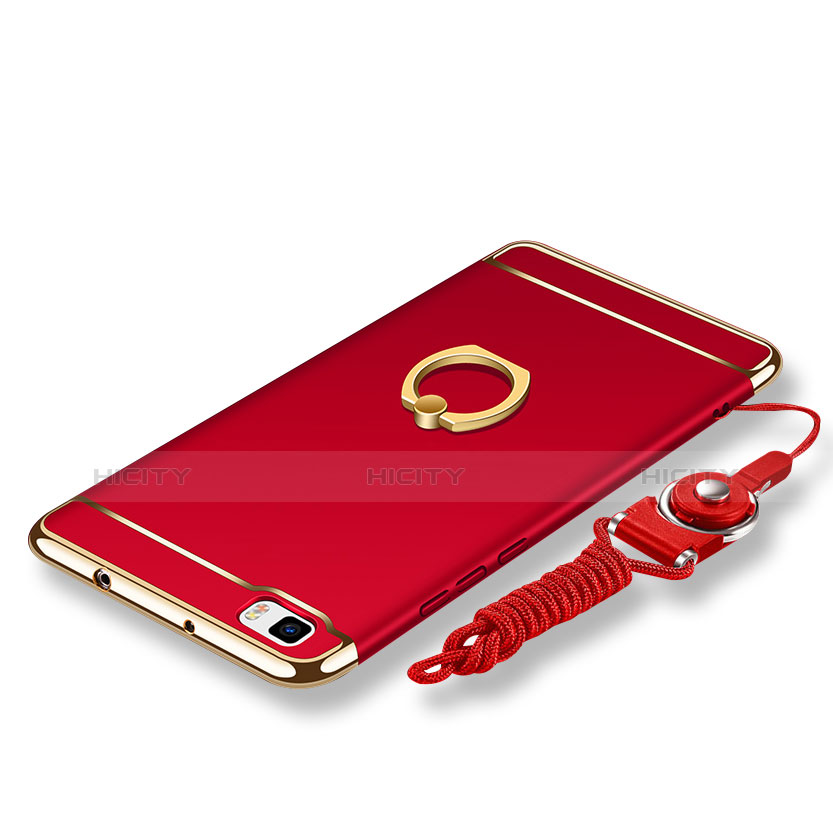 Custodia Lusso Metallo Laterale e Plastica Cover con Anello Supporto e Cordoncino per Huawei P8 Lite Rosso