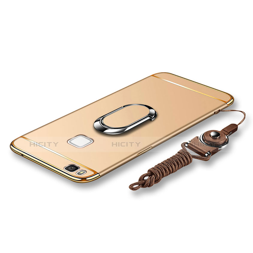 Custodia Lusso Metallo Laterale e Plastica Cover con Anello Supporto e Cordoncino per Huawei P9 Lite Oro