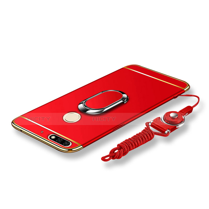 Custodia Lusso Metallo Laterale e Plastica Cover con Anello Supporto e Cordoncino per Huawei Y7 (2018) Rosso