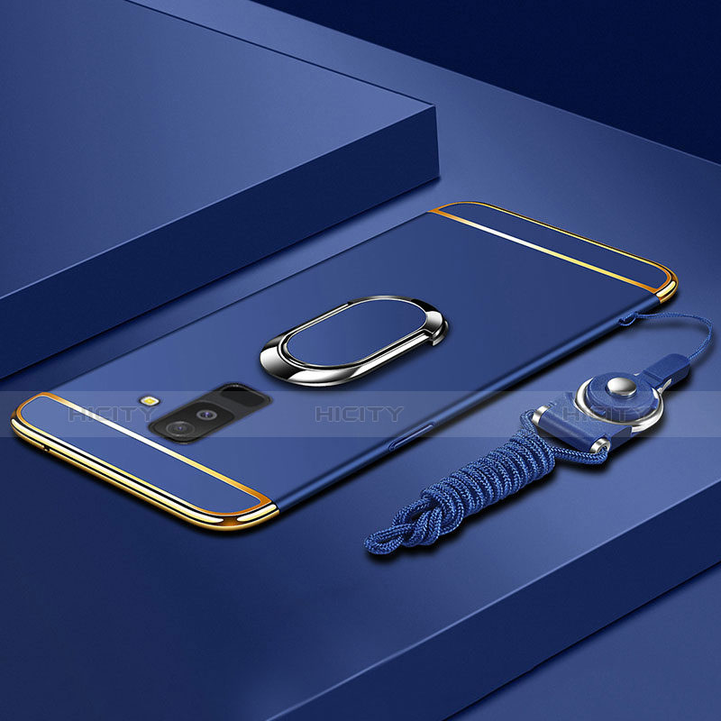 Custodia Lusso Metallo Laterale e Plastica Cover con Anello Supporto e Cordoncino per Samsung Galaxy A6 Plus Blu