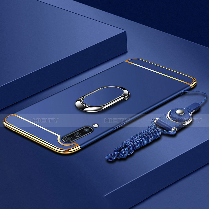 Custodia Lusso Metallo Laterale e Plastica Cover con Anello Supporto e Cordoncino per Samsung Galaxy A70 Blu