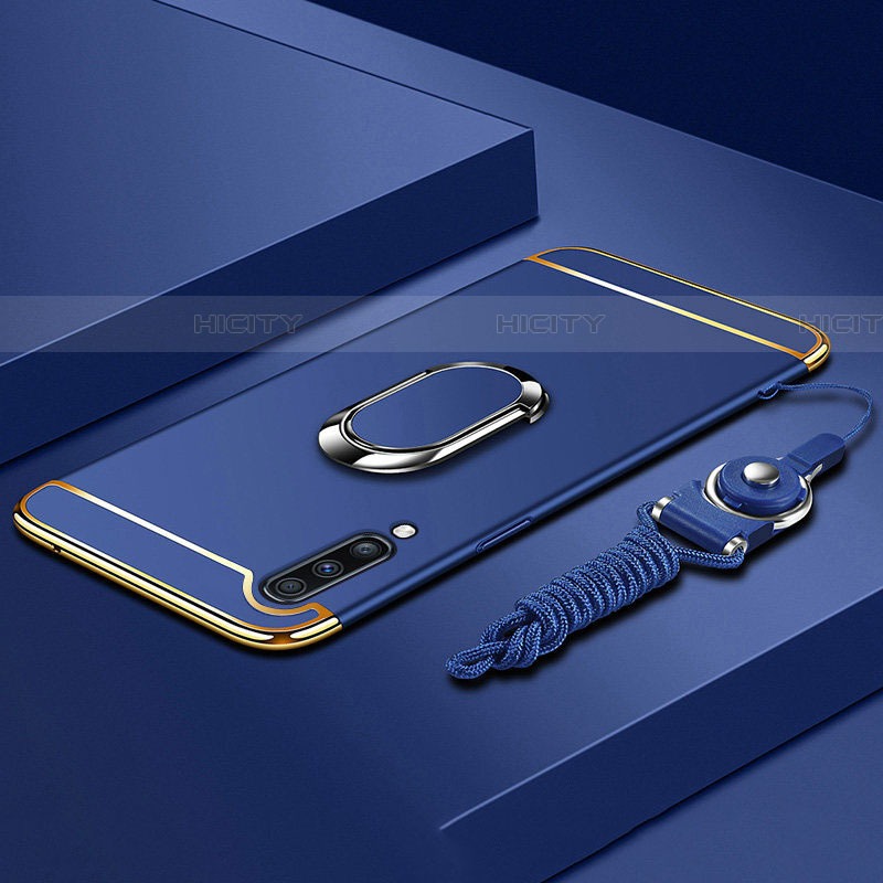 Custodia Lusso Metallo Laterale e Plastica Cover con Anello Supporto e Cordoncino per Samsung Galaxy A70S Blu