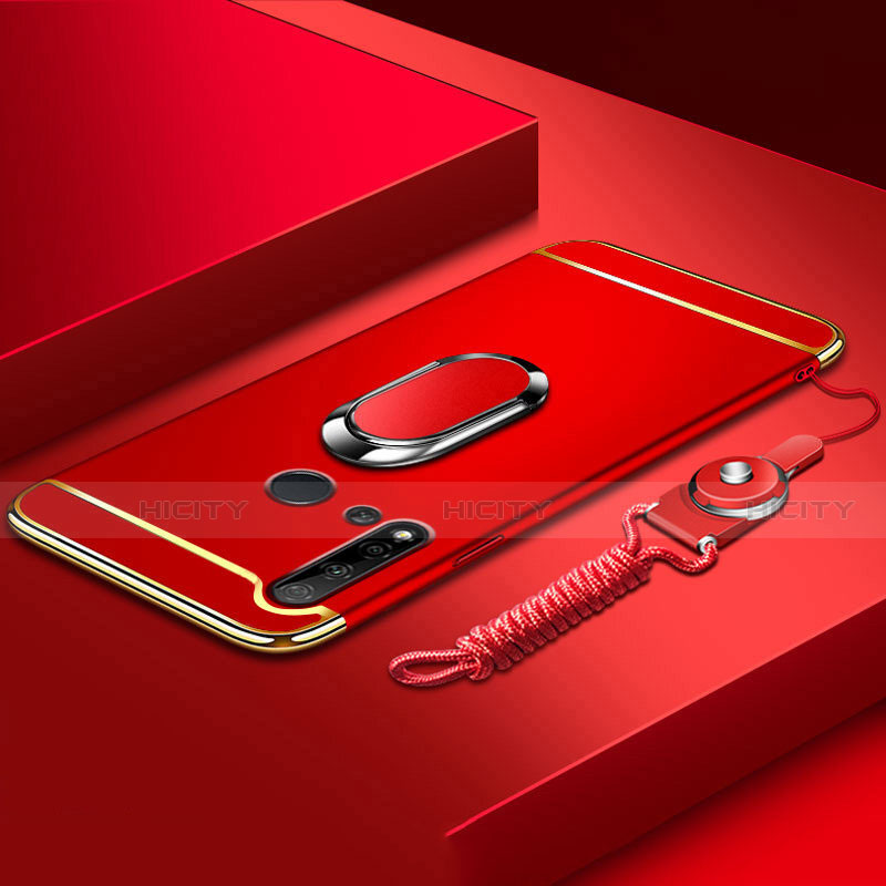 Custodia Lusso Metallo Laterale e Plastica Cover con Anello Supporto T01 per Huawei Nova 5i Rosso